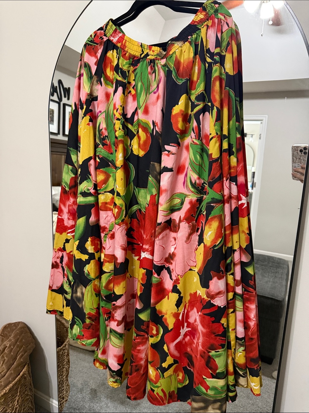 Floral Circle flowy maxi Skirt in Black with Pink, Red & Yellow Blooms